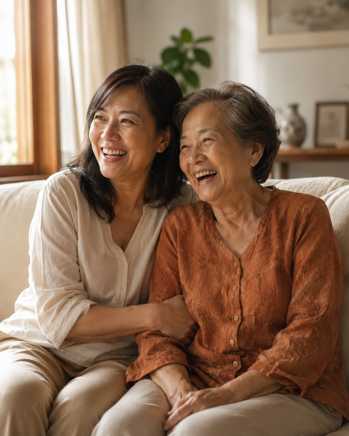 Daughter and mother laughing together at home