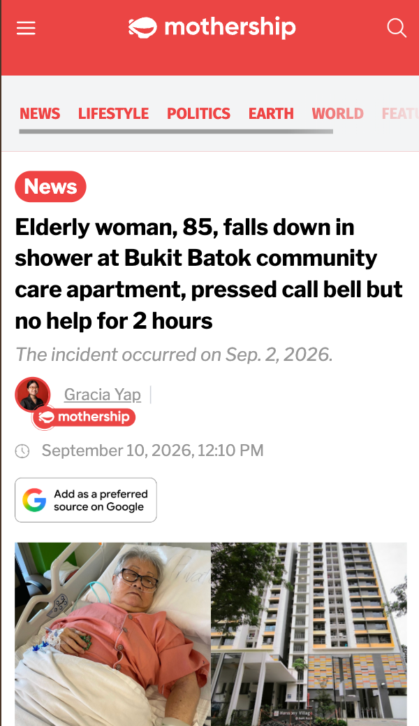News article about an elderly woman who fell in a shower