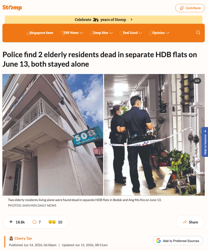 Stomp article about two elderly residents found dead in separate flats